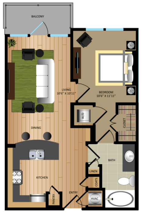 Floor plan for 1 bed, 1 bath, 630 sqft